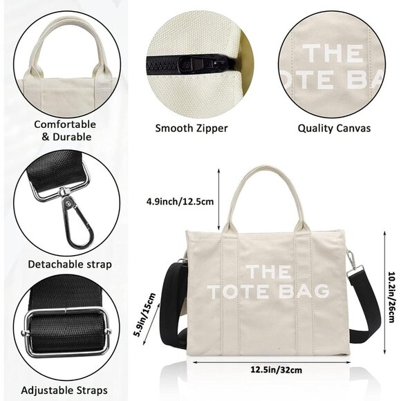 Women Beige Personalized Canvas Crossbody Tote Bags with Zipper Mini Top-Handle - Picture 5 of 6